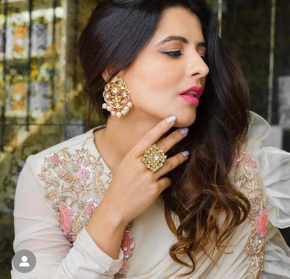 Pink And White Jadtar Studded Earrings