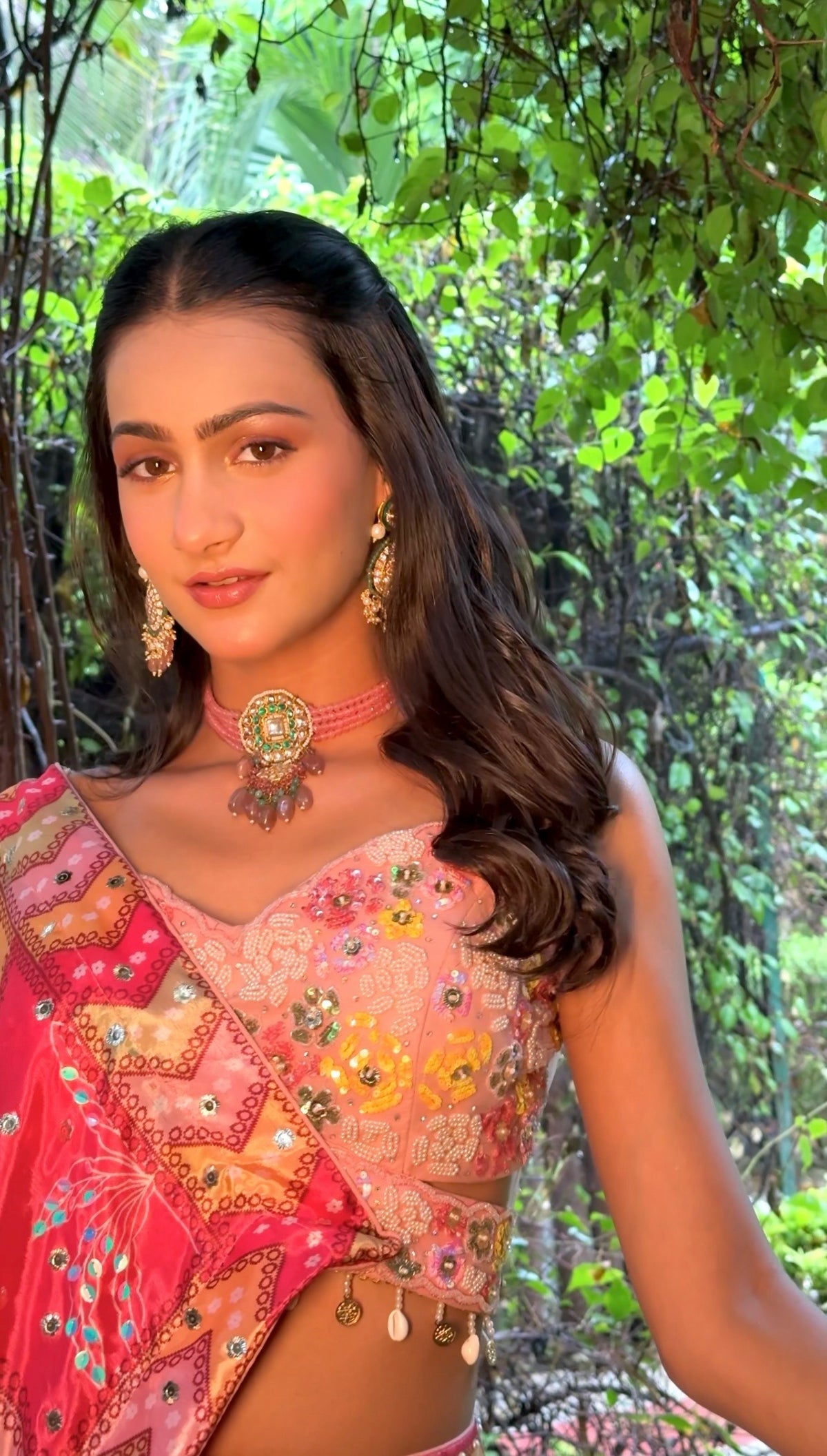 Green Meenakari Earrings With Pastel Pink Beads