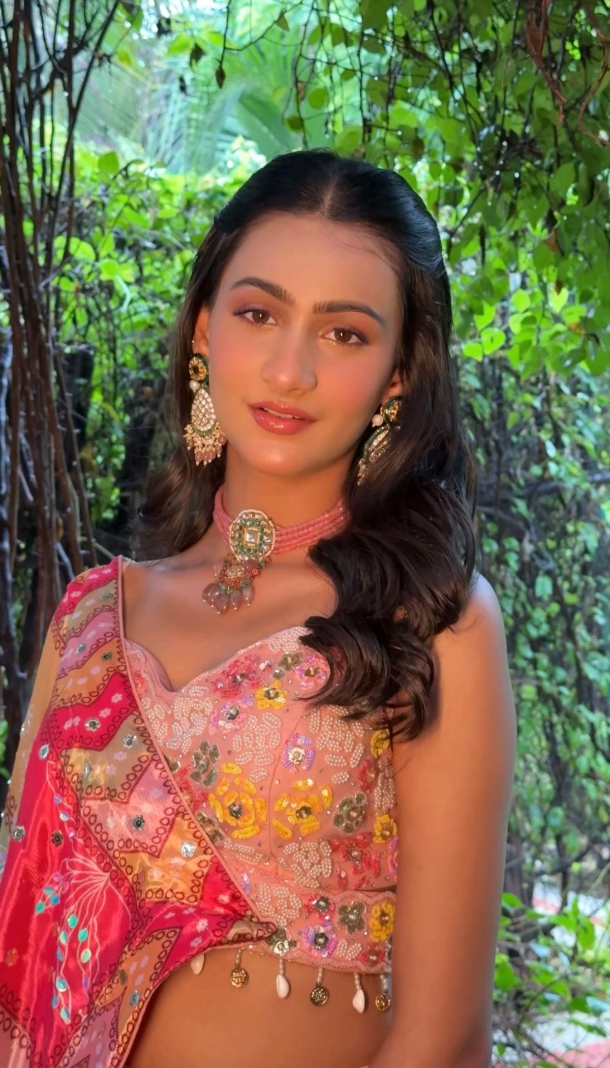 Green Meenakari Earrings With Pastel Pink Beads