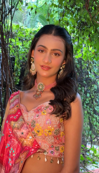 Green Meenakari Earrings With Pastel Pink Beads