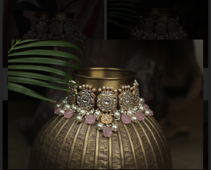 White Jadtar Stone Necklace Set Light Pink Beads With Peral