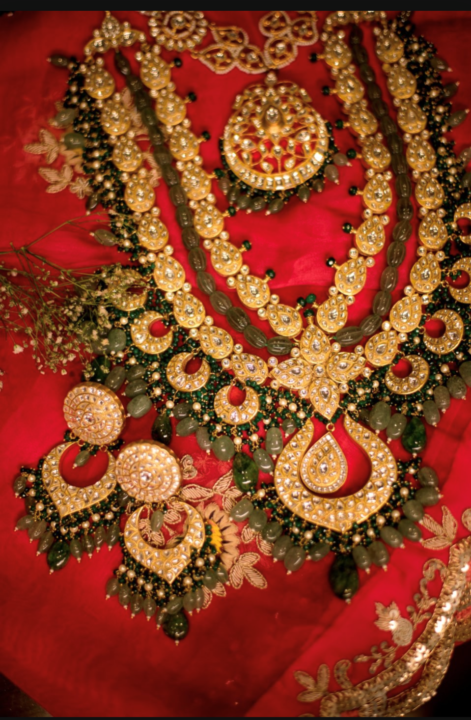 Bridal Double Layered Necklace In 22Kt Gold Plating, Studded With White Jadtar Stones And Beaded In Emerald And Sea Green Pearls