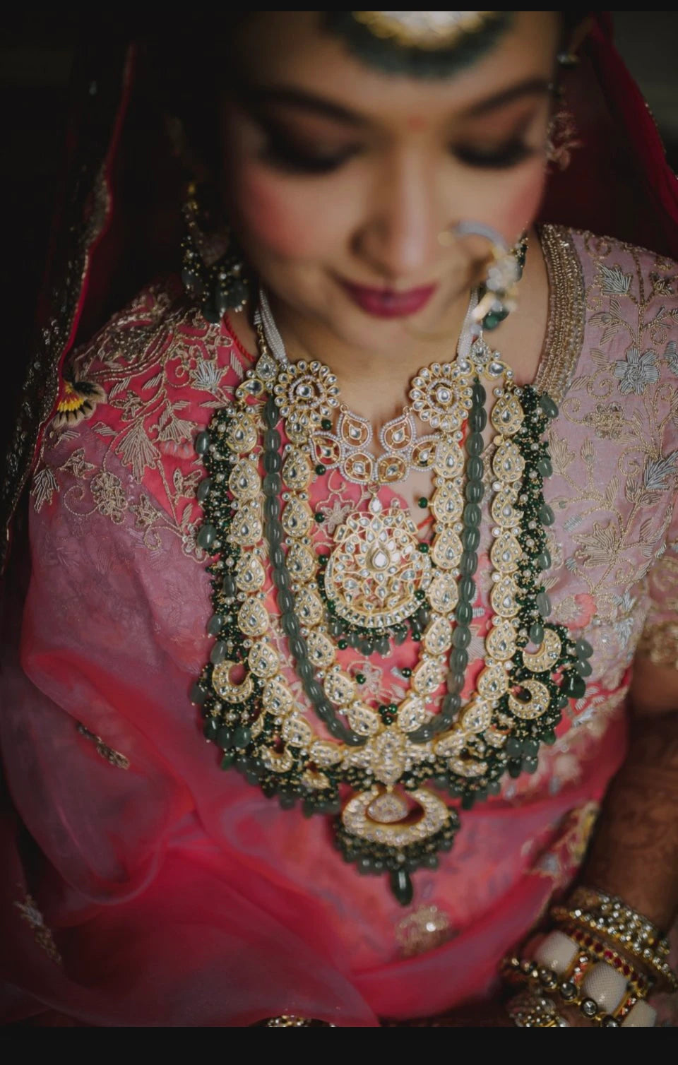 Bridal Double Layered Necklace In 22Kt Gold Plating, Studded With White Jadtar Stones And Beaded In Emerald And Sea Green Pearls