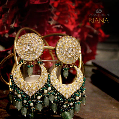 Bridal Double Layered Necklace In 22Kt Gold Plating, Studded With White Jadtar Stones And Beaded In Emerald And Sea Green Pearls
