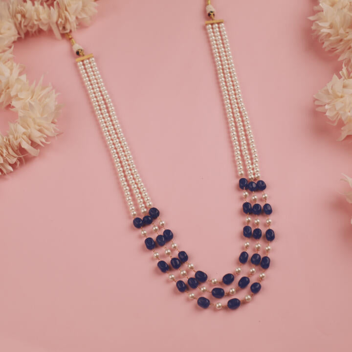 Blue and white 3 layered sapphire gemstone Beaded Maala for Men