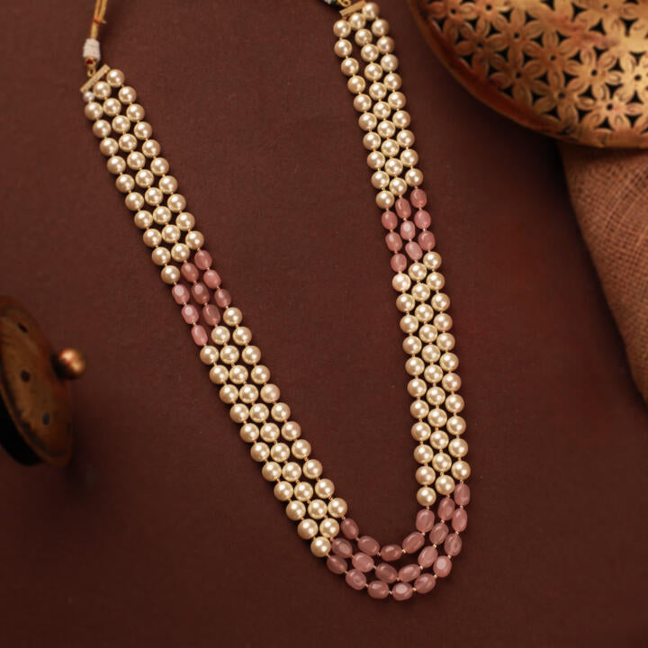 Gold plated pink beaded pearl necklace maala gift for women