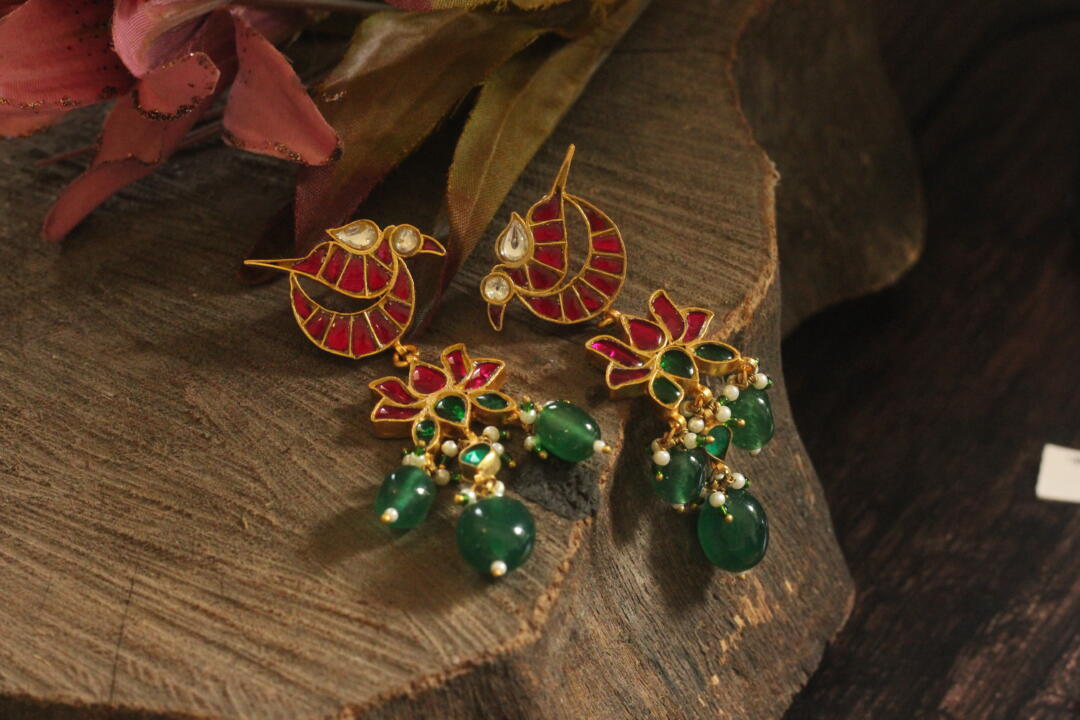 Red & Green Peacock Design Earrings