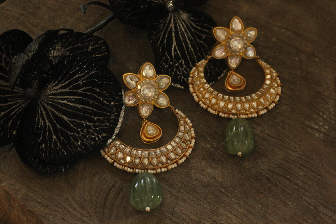 Gold Plated Jadtar Stone Dangle Earrings With Sea Green Drop
