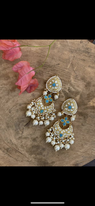White And Firozi  Earrings With Pearls