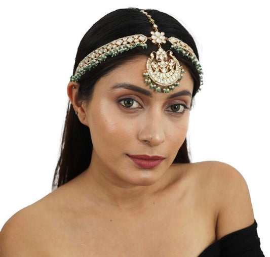 White Stone Heavy Mathapatti With Sea Green Hangings