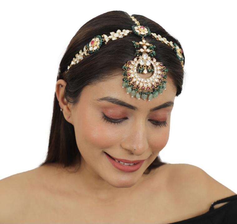 Floral Mathapatti With A Little Pink And Emerald Green Beads