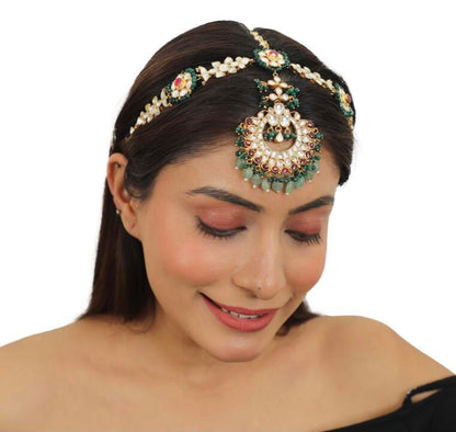 Floral Mathapatti With A Little Pink And Emerald Green Beads