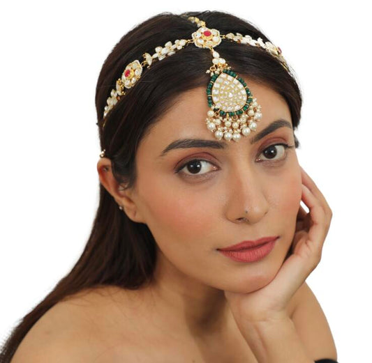 Pink And White Stones Floral Mathapatti Beaded With Pearls And A Touch Of Green