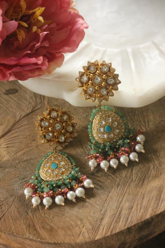 Indian green pink earrings with skyblue stone/Traditional jewelery/wedding jewelery