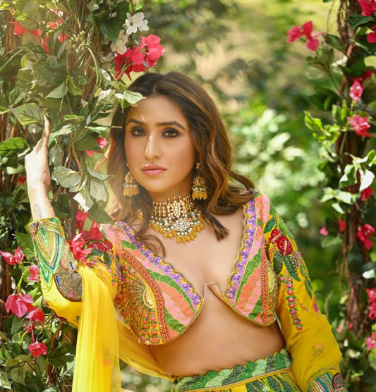 Yellow Beads With Sea Green Hangings White Jadtar Necklace Set /Mehendi Wear/Sangeet Wear Jewellery