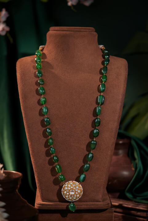 Emerald green beaded Long maala with round stone pendant