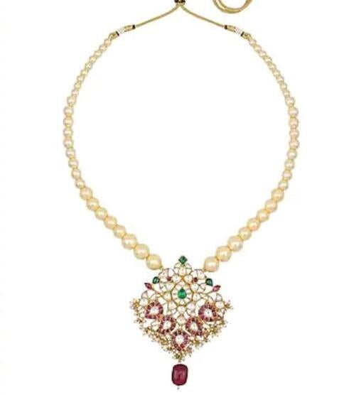 Pink And Green Peacock Pendant With White Pearl Long Maala
