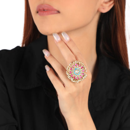 Riana Traditional Handcrafted Floral Design Rice Pearl Gold Plated Pink And Sky Blue Ring