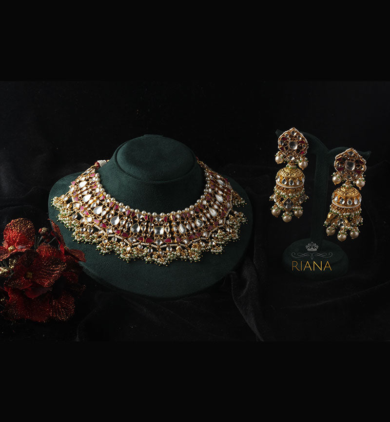 Pink and White Jadtar studded necklace