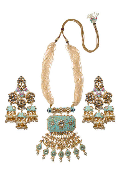 Gold Plated Pastel Blue And Pink Meena Work Pendant Set