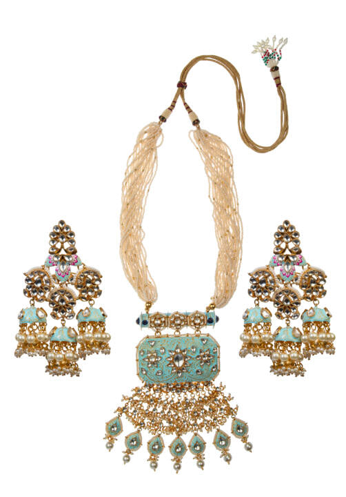 Gold Plated Pastel Blue And Pink Meena Work Pendant Set