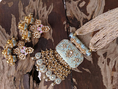 Gold Plated Pastel Blue And Pink Meena Work Pendant Set