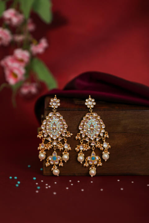 Firozi blue pendant necklace with delicate mina work and long festive wear earings