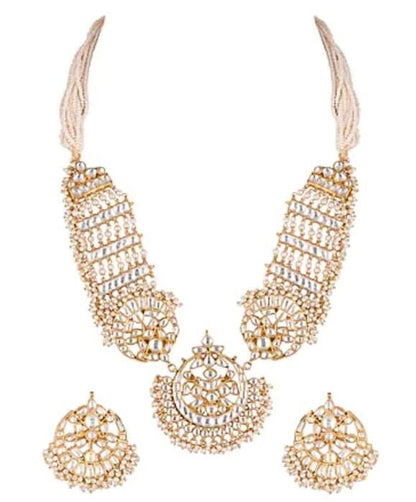 White Jadtar Stone Long Pendant Necklace With Pearl