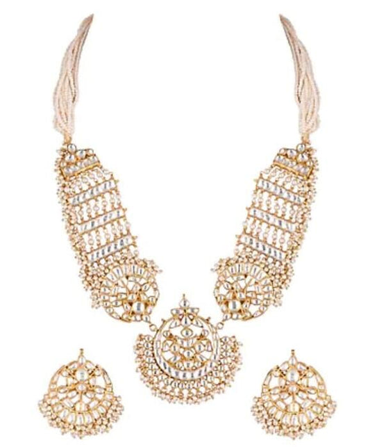 White Jadtar Stone Long Pendant Necklace With Pearl