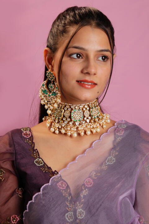 Indian wedding wear green white necklace set with pearl