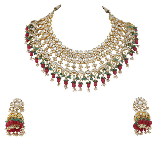 Uniquely Beaded Traditional Necklace Set In Pink And Green Beads