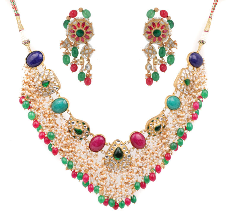Uniquely Designed Necklace Studded With Red And Green Stones