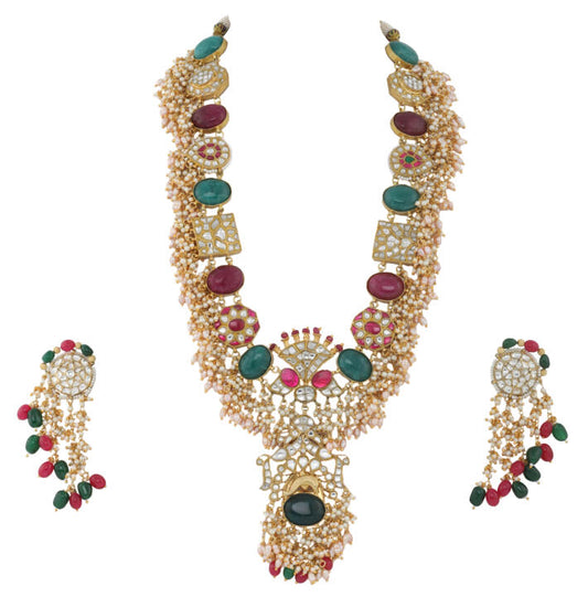 Long Pendant Necklace With Multicolor Stones And Pearls