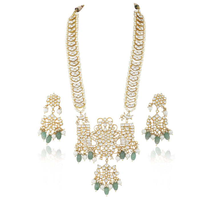 White Jadtar Stone Peacock Long Pendant Set With Sea Green Beads