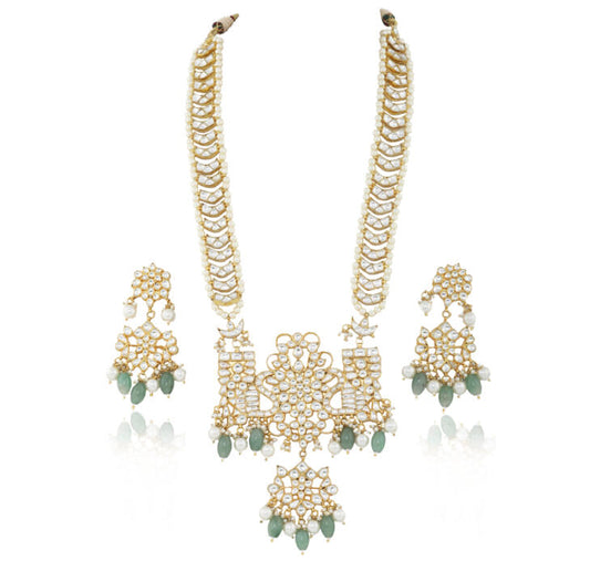 White Jadtar Stone Peacock Long Pendant Set With Sea Green Beads