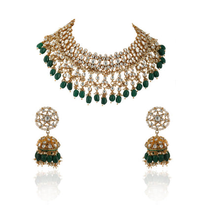 White And Green Jadtar Stone Choker With Jhumki Bridal Set