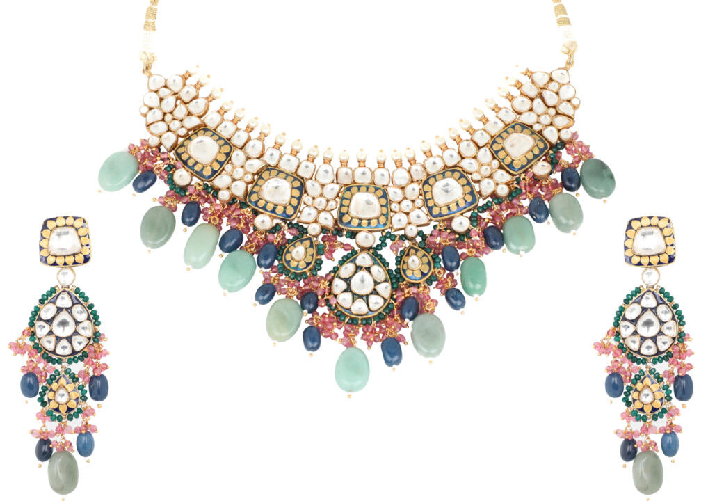 Blue Meena Work Neckalce Set With Sea Green Beads And Light Pink Hangings