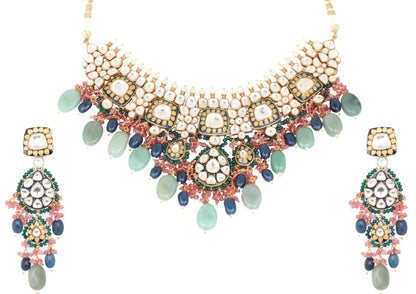 Blue Meena Work Neckalce Set With Sea Green Beads And Light Pink Hangings