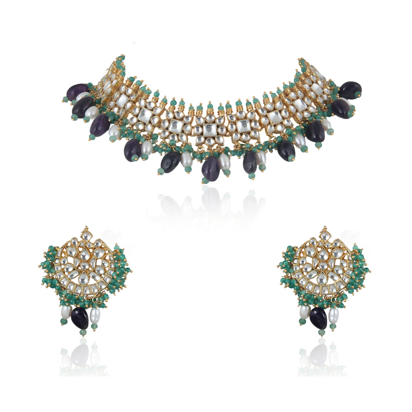 Square Shape White Jadtar Stone With Purple Beads Necklace Set