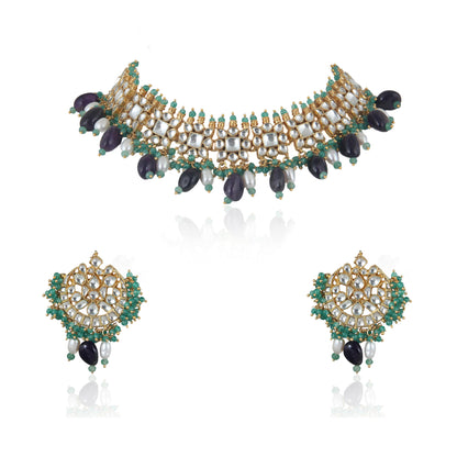 Square Shape White Jadtar Stone With Purple Beads Necklace Set