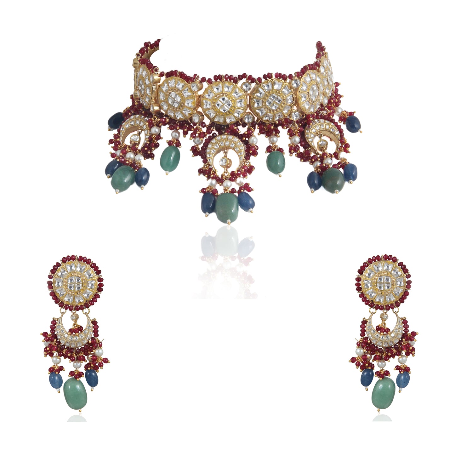 Red Moti Work With Jadtar Stone Necklace Set N With Sea Green Beads And Blue Beads