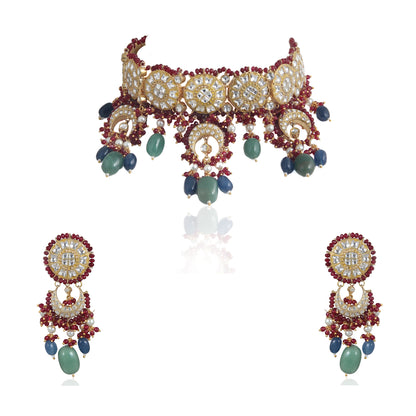 Red Moti Work With Jadtar Stone Necklace Set N With Sea Green Beads And Blue Beads