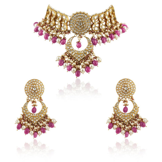 White  Work With Jadtar Stone Pink Beads Necklace Set