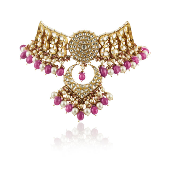 White  Work With Jadtar Stone Pink Beads Necklace Set