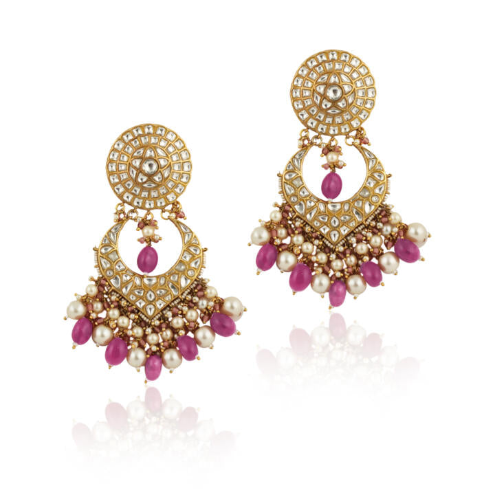 White  Work With Jadtar Stone Pink Beads Necklace Set