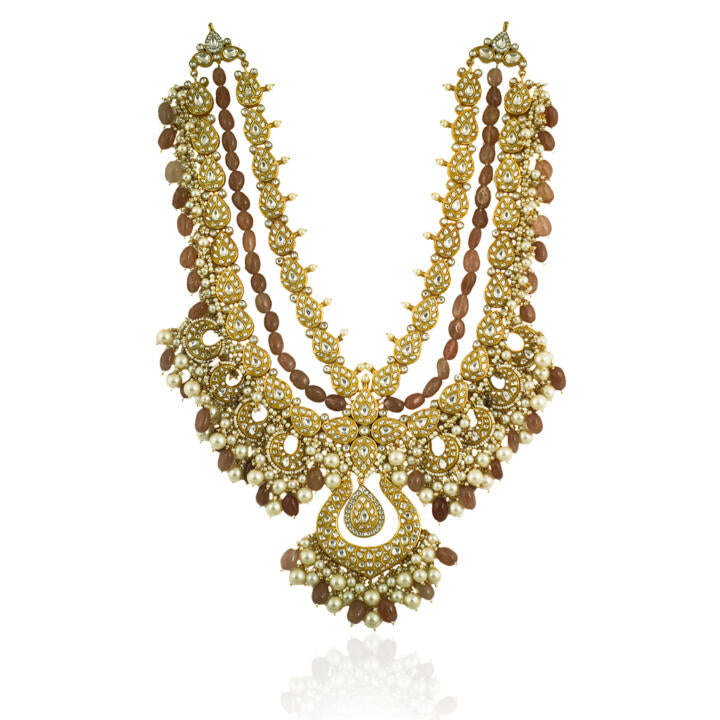 White Jadtar Stone Heavy Long Neacklace Set With Pastel  Pink Baeds And Pearl