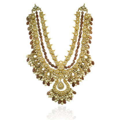 White Jadtar Stone Heavy Long Neacklace Set With Pastel  Pink Baeds And Pearl