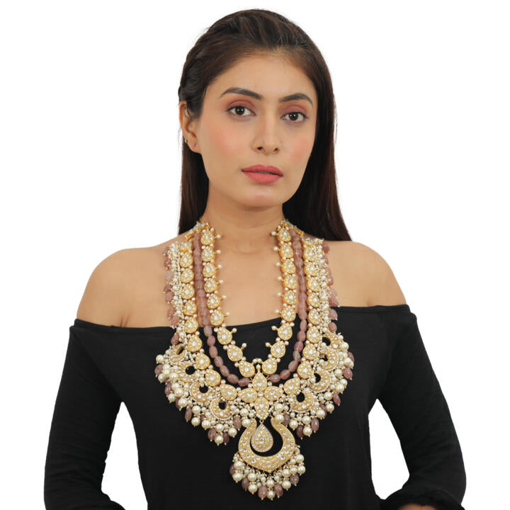 White Jadtar Stone Heavy Long Neacklace Set With Pastel  Pink Baeds And Pearl