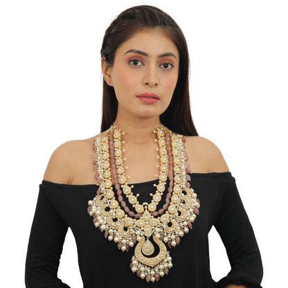 White Jadtar Stone Heavy Long Neacklace Set With Pastel  Pink Baeds And Pearl