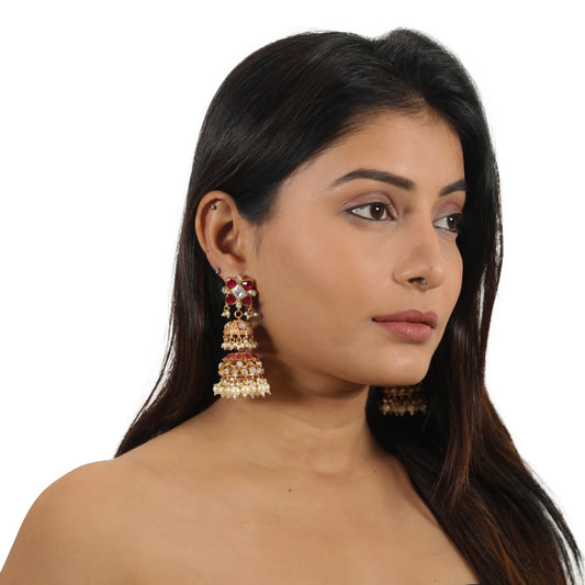 Pink Jadtar Stone With White Pearl Jhumki